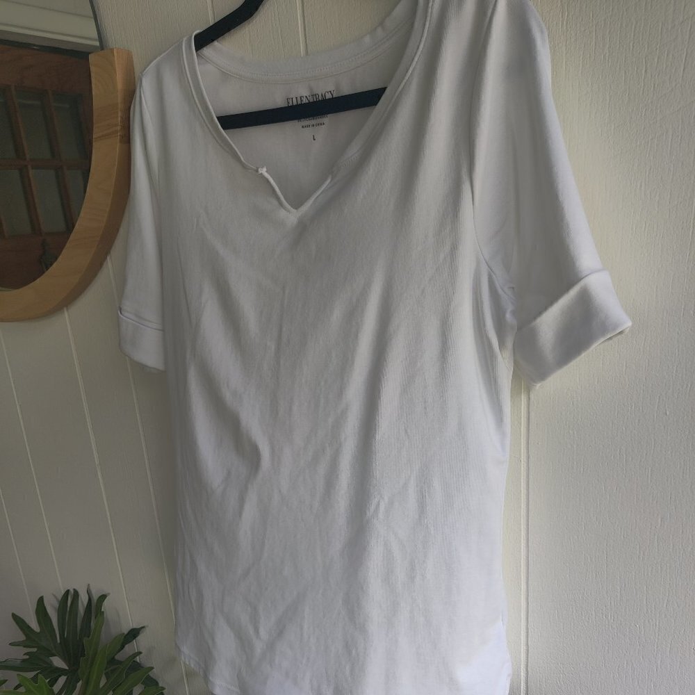 Tee Shirt by Ellen Tracy, White 92% Cotton Knit, Cuffed Short Sleeve. Size L